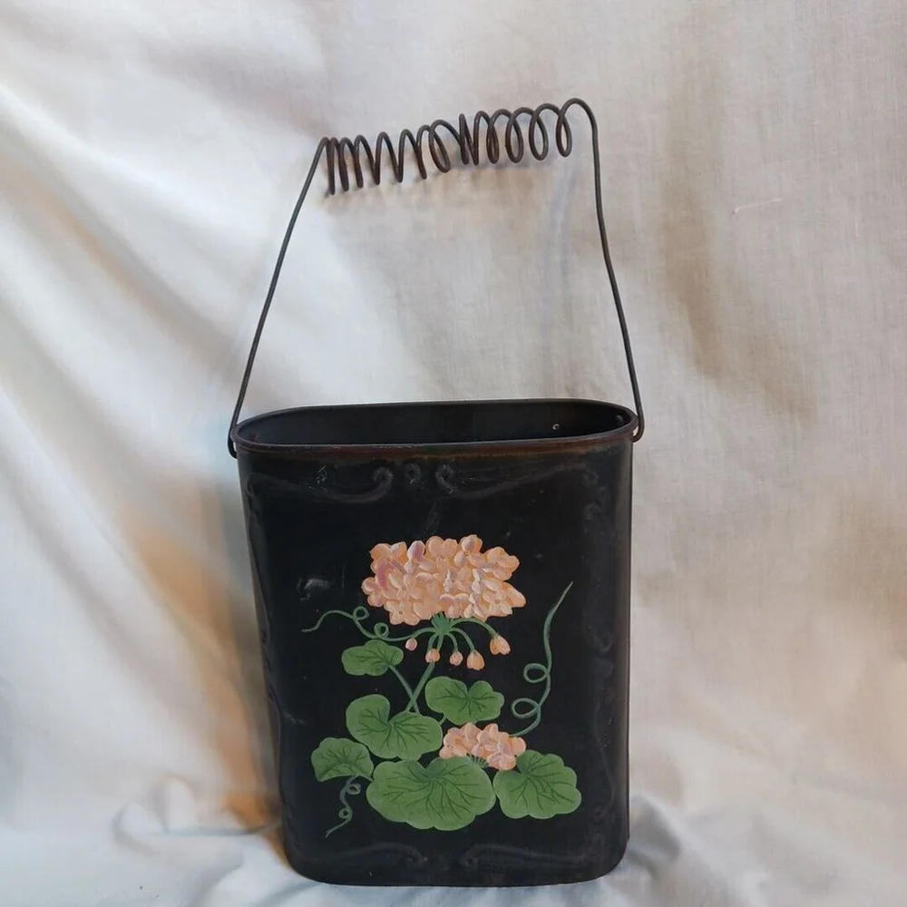Antique Toleware Wall Hanging Mail Basket Pink And Black